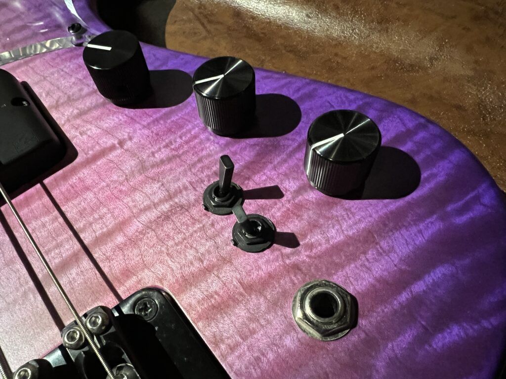 saitias guitars Lorentz 5 Ebony Custom -Pison Pink Satin- ヘッドレスベース コントロール